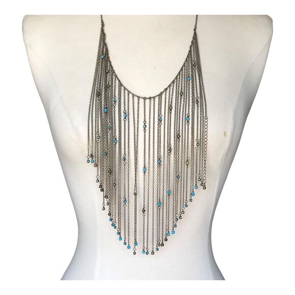 CN Signed Boho Statement Fringe Bib Necklace Blue Crystals with Lobster Clasp - Picture 2 of 6